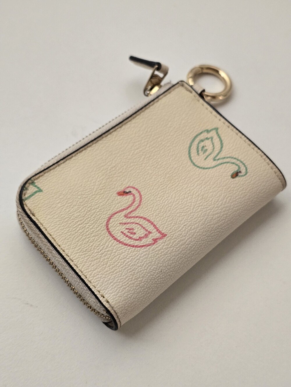 Coach L Zip Card Case Swan Print C8377 Chalk White Key Ring Wallet - Picture 8 of 15